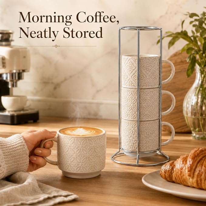 6 Oz Coffee Cups Set of 4, Espresso Cups with Stand, Stackable Cappuccino Mugs Set, Embossed Coffee Cup for Latte, Tea, Cocoa, Mocha, Housewarming Present, Dishwasher Safe