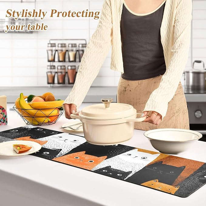 2 in 1 Table Runner Trivet for Hot Pots and Pans Heat Resistant Non Slip Waterproof 39 x 12 Inch Decorative Table Protector for Kitchen Countertop Black and White Orange Cat