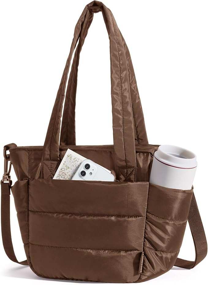 BAGSMART Lunch Bag Women Small Insulated Tote with Lunch Compartment Quilted Lightweight Puffy Tote Bag for Work, Travel, Outdoor, Coffee Brown