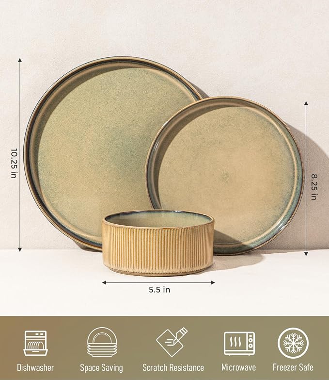 GBHOME Stoneware Dinnerware Sets for 4, 12 Pieces Lightweight Ceramic Ribbed Plates and Bowls Set, Reactive Glaze Stackable Plate Sets, Scratch Resistant Dishes, Microwave & Dishwasher Safe,Pale Khaki