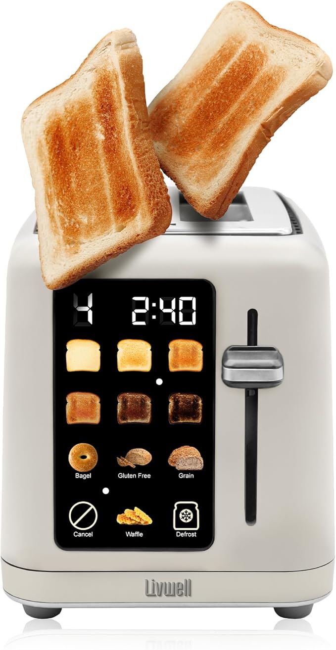 Livwell Matte 2-Slice Smart Touch Toaster with Color Screen Display - Kitchen Gifts - 6 Browning Levels, Timer Countdown, Adjustable Settings for Bagels, Gluten-Free & Multigrain Bread (Matte Cream)