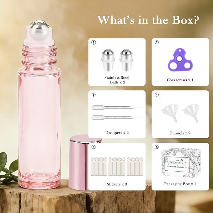 PrettyCare 12 Pack, 10 ml Essential Oil Roller Bottles with Stainless Steel Roller Ball - Refillable Leak-proof Empty Thick Pink Glass Roll on Bottles with Pink Caps for Travel, Perfume