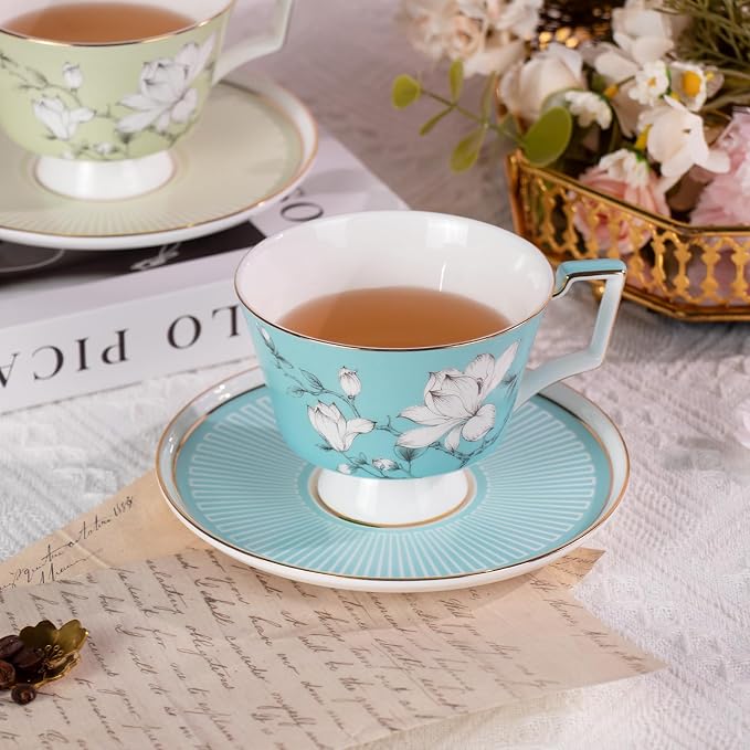 KAMMAK Ceramic Coffee Cups Saucers Set of 2, Porcelain Espresso Cups with Saucers, 8.12 oz Handcrafted Elegant Bone China Tea Cups, Blue & Sage Green Flower Teacup for Party, Office, Women Gift