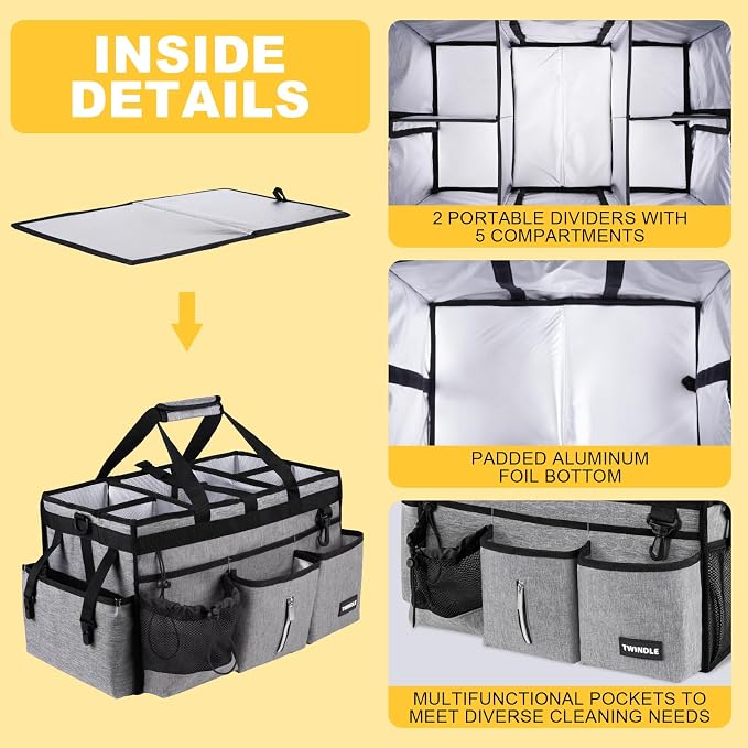 Extra Large Cleaning Caddy Bag with Rigid Support Board, Cleaning Organizer Tote with Detachable Divider, Adjustable Shoulder Strap & Waist Belt, Cleaning Supply Carrier for Cleaners & Housekeepers