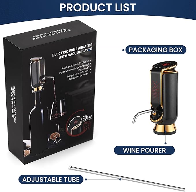 BLUBYEES Luxurious 4-in-1 Electric Wine Aerator, Decanter, Dispenser & Vacuum Saver with LED Display - Wine Pourer Gift for Women and Wine Lovers