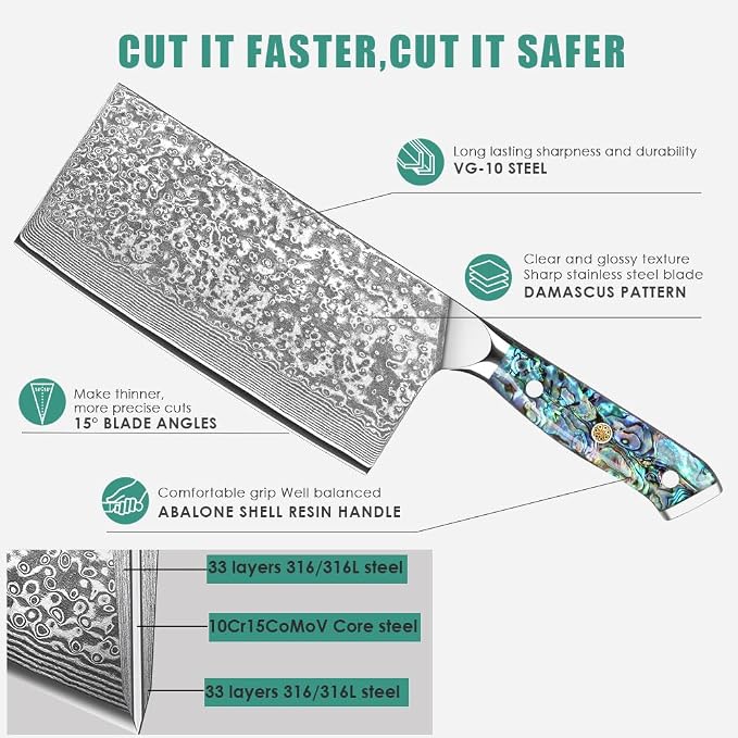 KEENZO Chinese kitchen Knife 7.5 inch,Razor Sharp Professional Chef knife, Japanese Hand Forged 67 Layers Damascus Steel Cooking Knife, Ergonomic Abalone Shell Handle Cooking Knife with gift box