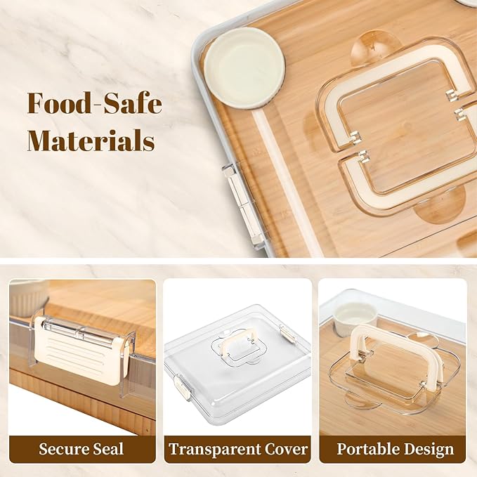CAWIU Charcuterie Board with Lid – Large Bamboo Cheese Board Set with Utensils & Drawers – Housewarming, Wedding Gifts for Couples, Serving Tray with Cover (Cream)