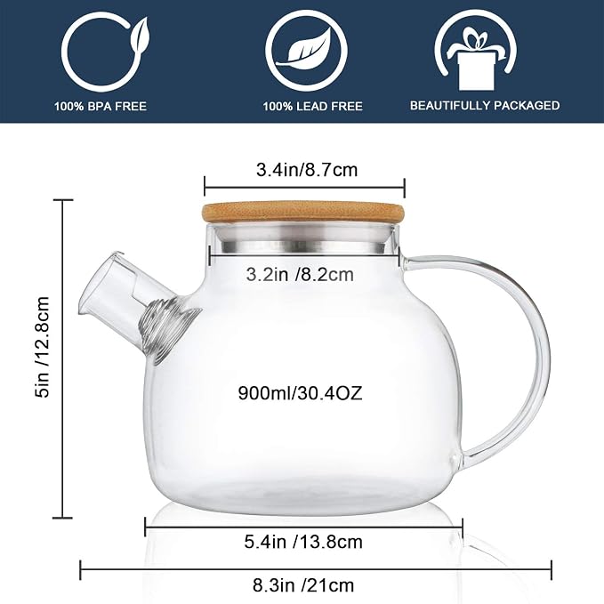 CNGLASS 30.4oz Glass Teapot with 17oz Double Wall Glass Coffee Mugs