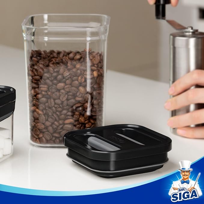 MR.SIGA 6 Piece Airtight Food Storage Container Set, BPA Free Kitchen Pantry Organization Canisters, One-handed Kitchen Storage Containers for Cereal, Spaghetti, Pasta, Black