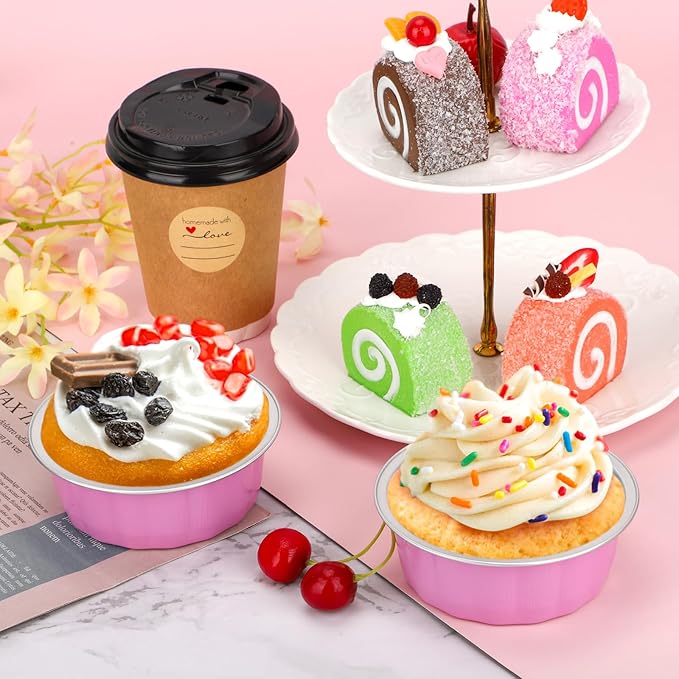 Beasea Aluminum Cups for Baking, 8 oz 100 Pack 3.9" 235ml Disposable Ramekins Bake Ramekin Cup Muffin Cupcake Baking Mini Pudding Cups for Party Wedding Birthday - Pink