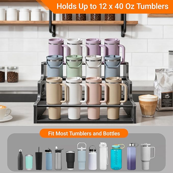 YQBRAO 3-Tier Liquor Bottle Display Shelf,Coffee Syrup Rack Organizer,Water Bottle Organizer, Mini Bar Cabinet, Rustic Bar Shelves for for Liquor Whiskey, Spirits（Black）