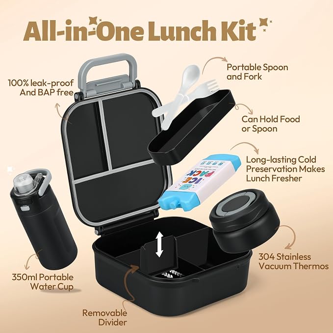 Itslife Bento Box for Kids Set, Insulated Food Container,Kids Lunch Box, 7 oz Thermos for Hot Food, 12 oz Thermos Water Bottle, Reusable Insulated Ice Bag & Fork Spoon Utensils Camping Travel Black