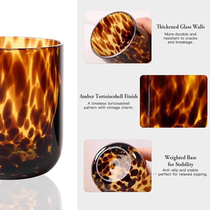 Tortoise Shell Drinking Glasses Set of 4, Brown Decorative Tortoise Shell Tumbler Cups for Wine & Drinks，Drinking Glasses for Wedding Gifts, Housewarming, Cocktail Party (6, 10oz)