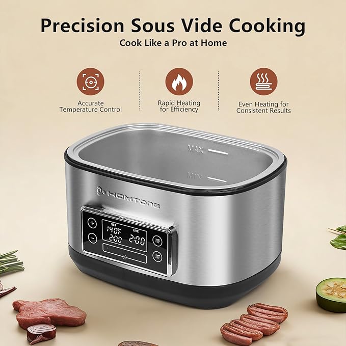 Homtone Sous Vide Machine, 3D Water Circulation, Easy Setup Built-in Design with Precise Temperature Control, 8 Quart for Steak Chicken Meal Prep-with Sous Vide & Seal Bags & Pump