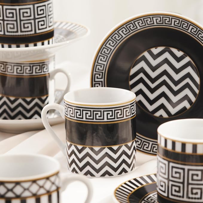 KARACA Helenistic Turkish Small Coffee Cups Set for 6, 12 Piece Porcelain Espresso Cups with Saucers, 80ML Demitasse Coffee Set, Black, Modern Elegant Design for Home & Gift