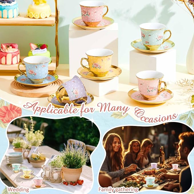 Teenyyou Set of 18 Tea Cups and Saucers Tea Party Decorations Floral Porcelain 5.4 oz British Gift for Women Birthday Party, Church, and Mother's Day (Vintage Style)