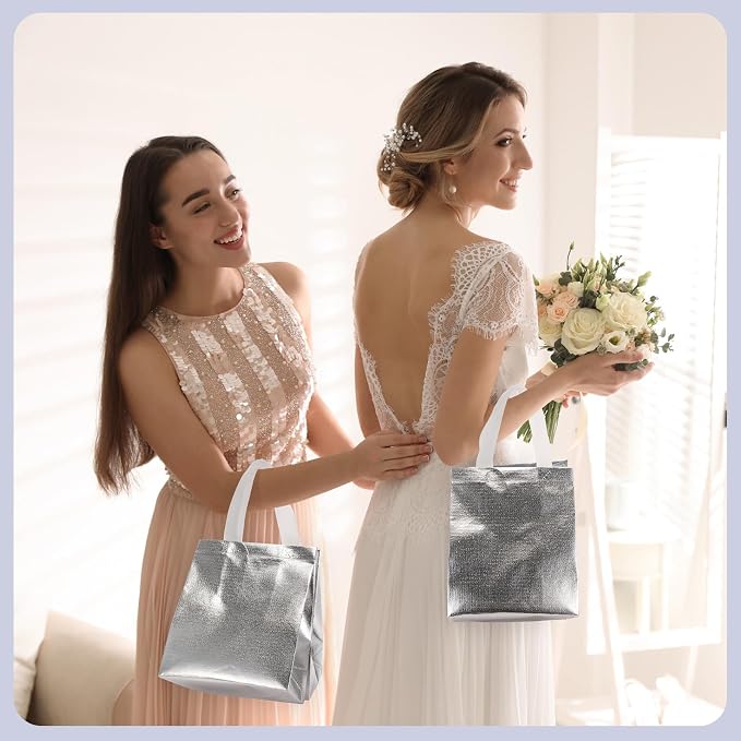 Eccliy Reusable Gift Bags Set Glossy Grocery Gift Tote Bag with Handle for Wedding, Bridal Shower, 4th of July, Summer Event(10 x 8 x 4.7 Inch,Silver,80 Pcs)