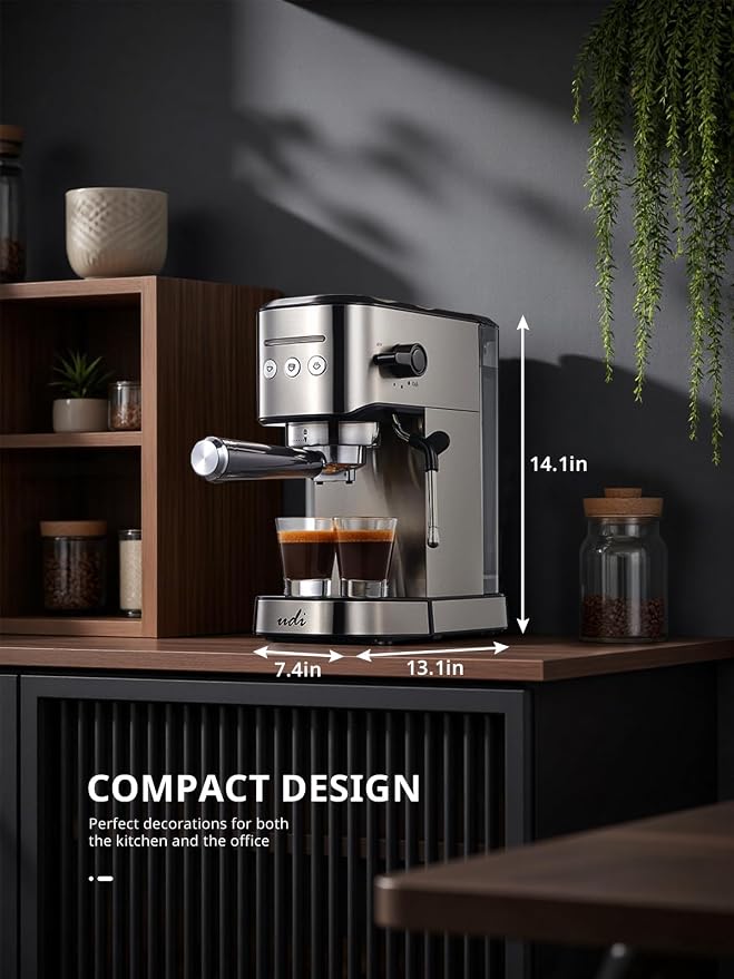 UDI Espresso Machine with Milk Frother, 20 Bar High Pressure Professional Espresso Maker Automatic, Compact Stainless Steel Coffee Machine for Cappuccino, Latte, Silver