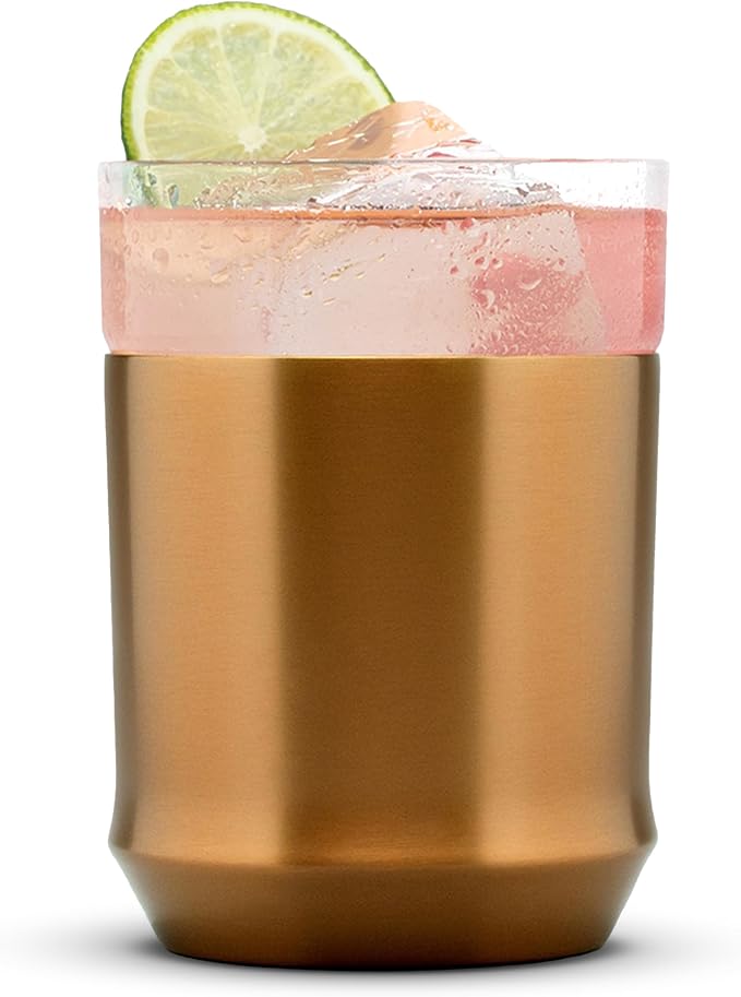 Elevated Craft Hybrid Rocks Glass Premium Vacuum Insulated Steel Base with Removable Insert - 12oz Cocktail Glass, Double Old Fashioned Lowball for Margaritas, Bourbon, Whiskey - Copper