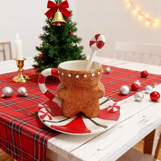 Ceramic Christmas Tea Cup and Saucer Set，200ML(6.8OZ) 3D Hand-painted Christmas Gingerbread Man Coffee Mug，Round Saucer, Spoon