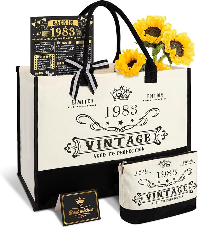 YeohJoy 43rd Birthday Gifts for Women Canvas Tote Bag Travel Gear, Unique 43 Years Old Birthday Gifts for Mom Aunt Friends Wife Sister Her, Vintage 1983 Handbag & Cosmetic Bag & Back in 1983 Poster