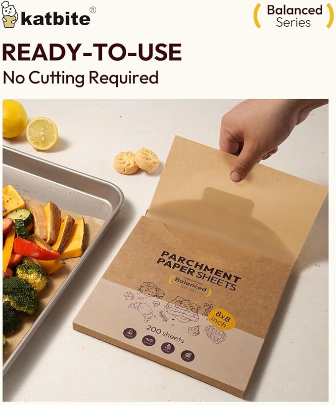 Katbite 400 Pcs Parchment Paper, 8 x 8 Inch Unbleached Baking Paper, Oil Resistant & Easy Clean, Non-Stick Precut Parchment Paper Sheets for Baking Square, Cooking, Air Fryer [Balance Series]