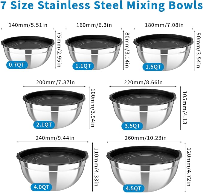 Stainless Steel Mixing Bowls with Lids Set, 7 Pcs Nesting Design Metal Mixing Bowls Salad Bowl for Mixing, Prepping and Serving Food(Size4.5-0.7QT)