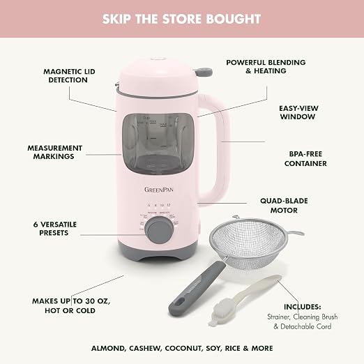 GreenPan 30oz Nut Milk Maker Machine, 15-in-1 for Homemade Almond, Oat, Soy, Coconut, Plant-Based Non-Dairy Beverages, Soups, BPA-Free Glass, Automatic Self-Clean, Delay Start, Pink