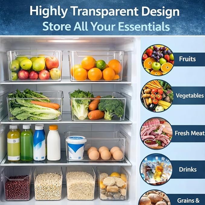 Crystal Clear Freezer Storage Bins, 4 Pack Clear Plastic Bins for Refrigerator and Pantry, Stackable Kitchen Cabinet Organizer with Handles for Frozen Food, Meat & Veggies (4PCS L)