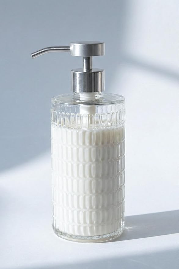 Elegant Fluted Glass Soap Dispenser with Stainless Steel Pump, 17oz Vintage Art Deco Style Clear Ribbed Glass Bottle for Bathroom, Dish Soap Dispenser for Kitchen (Silver Pump)