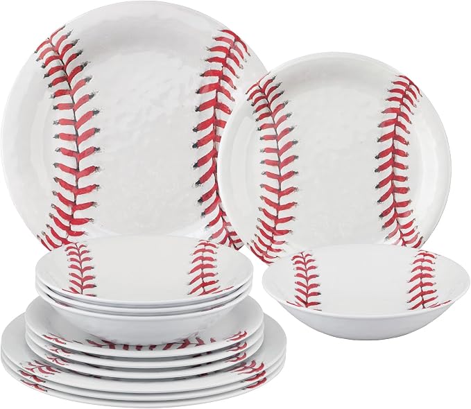 UPware 12 Piece Baseball Melamine Dinnerware Sets, Outdoor Dishes Set, Plates and Bowls Sets, Service for 4, White