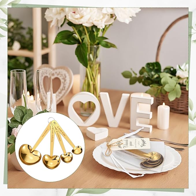 Umigy 12 Set Heart Shaped Measuring Spoon Tea Spoons Wedding Baby Shower Favors for Guests Set Heart Shape Drawstring Organza Bag Gift Tag Rope for Wedding Bridal Shower Souvenir (Gold)