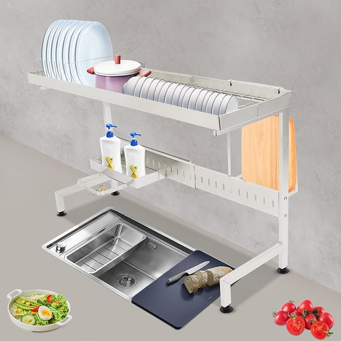 Over The Sink Dish Drainer Drying Rack,88x26x50cm Adjustable Length Over Sink Drying Rack, Large Capacity Dish Rack, for Home, Milk Tea Shop, Bar, Coffee Shop
