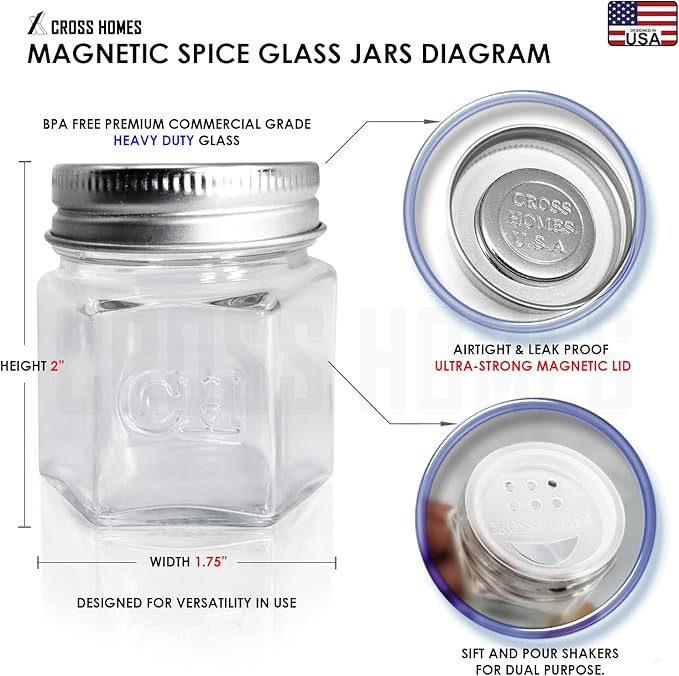 15 Pack Magnetic Spice Jars for Refrigerator Hexagon Glass Spice Jars with Magnetic Lids, Shaker, Spice Labels, Magnetic Glass Spice Containers for RV Travel Trailer Kitchen Fridge Cabinet Wall mount