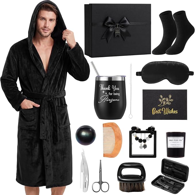 Nuogo 15 Pcs Birthday Gifts for Men Beard Care Set for Him Dad Birthday Gifts Basket Ideas Kit for Men Tumbler Bath Robe for Father's Day Dad Husband Boyfriend Box(Hooded,Black)