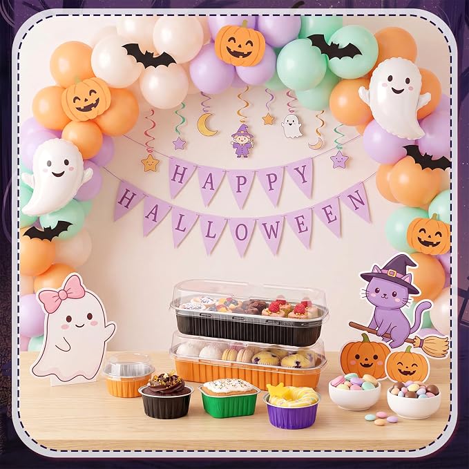 Blushtier 120 Set/240 Pcs Halloween Mini Loaf Pans with Lids and Spoons Halloween Disposable Mini Cake Pans 6.8, 5, 4.2 oz Square Rectangle Round Aluminum Foil Cupcake Baking Cups Dessert Liners Tins