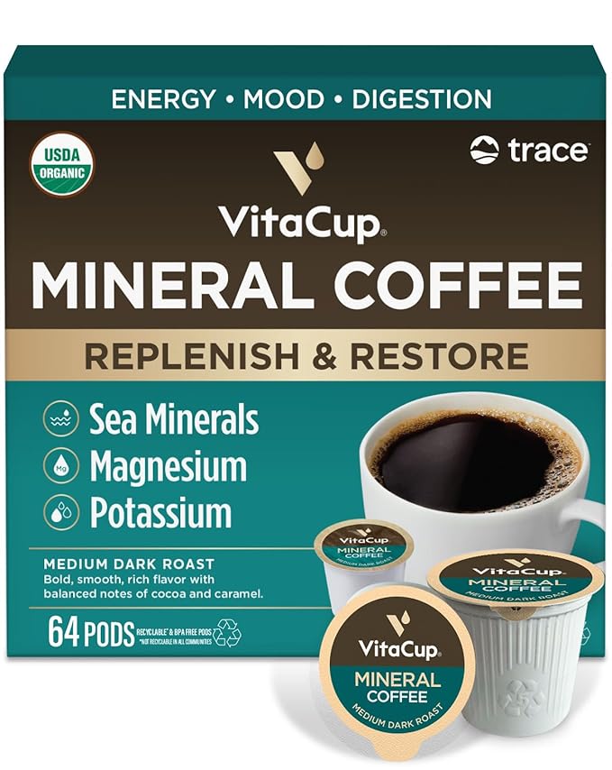 VitaCup Mineral Coffee Pods with Trace Minerals, Hydrate, Replenish & Restore, w/Sea Minerals, Electrolytes, Organic Coffee, Medium Dark Roast, Single Serve Pod Compatible w/Keurig K-Cup Brewers,64 Ct