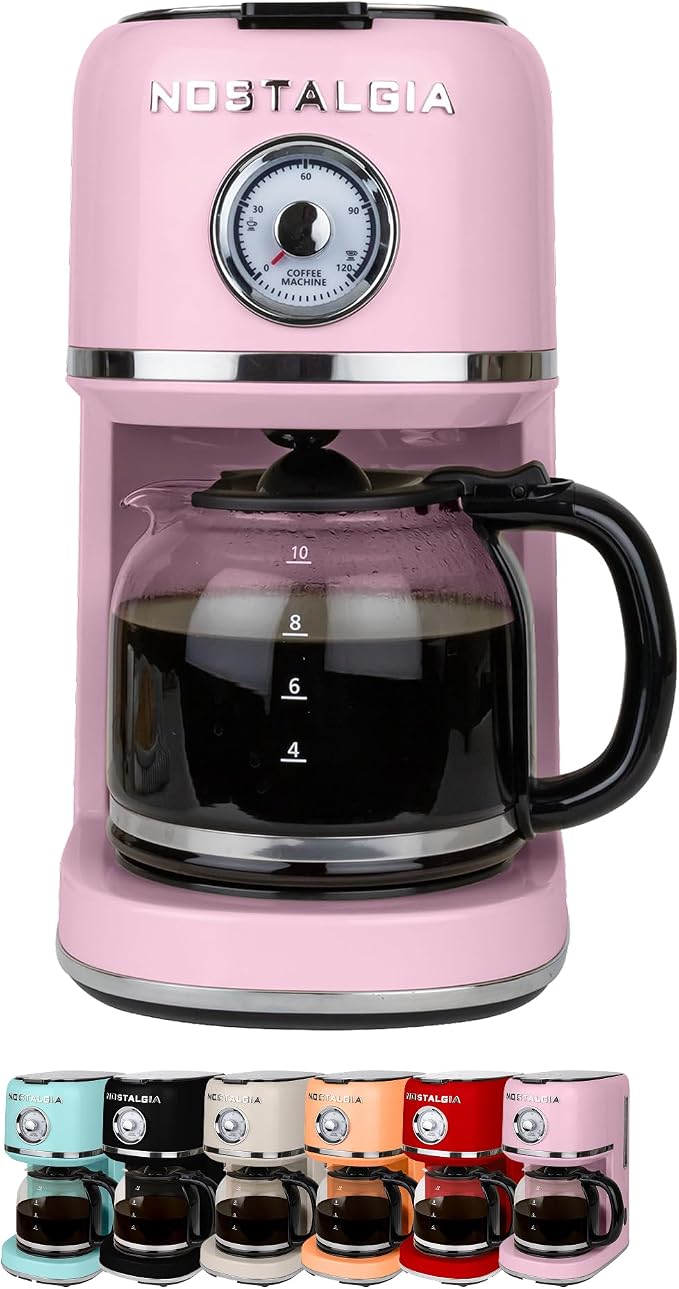 Nostalgia Classic Retro 10 Cup Coffee Maker - One-Touch Drip Brew, Reusable Filter - Anti-Drip, Auto Shutoff, & Time Display - Dishwasher Safe 50 oz Carafe - Pink