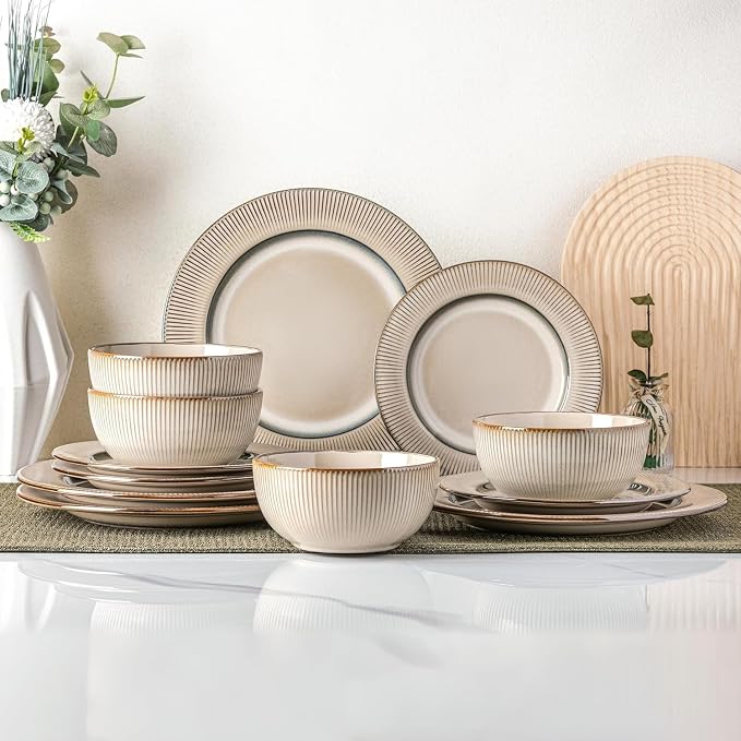 GBHOME Ceramic Dinnerware Sets, 24 pcs Embossed Elegant Stoneware Plates and Bowls Sets, Housewarming Wedding Gift | Dishwasher & Microwave Safe | Dishes Set Service for 8