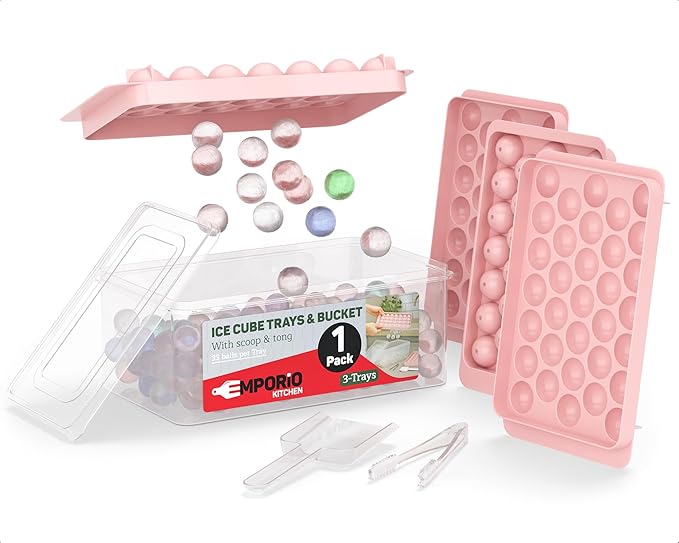 Emporio Kitchen Round Ice Cube Tray Set Pack of 1, BPA-Free Stackable Trays with Lid & Tongs, 33 Ice Balls Per Tray for Whiskey, Drinks, and Cocktails, Quick Release Round Ice Cube Mold, Pink
