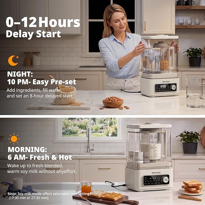 AIRMSEN 11-in-1 Steam Heating Glass Blender for Kitchen, 1200W Professional Countertop Blender with 68oz Removable Water Tank for Smoothies, Milkshakes, Juices, Soups and Sauces, Easy to Clean, White