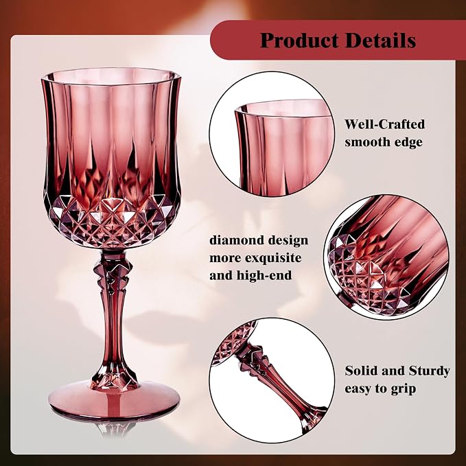 Ciaell 24PCS Burgundy Plastic Wine Glasses - 7 Oz Plastic Goblets for Party - Burgundy Vintage Drinking Glasses - Disposable Water Goblets Set for Wedding, Bar, Wine, Beer, Juice