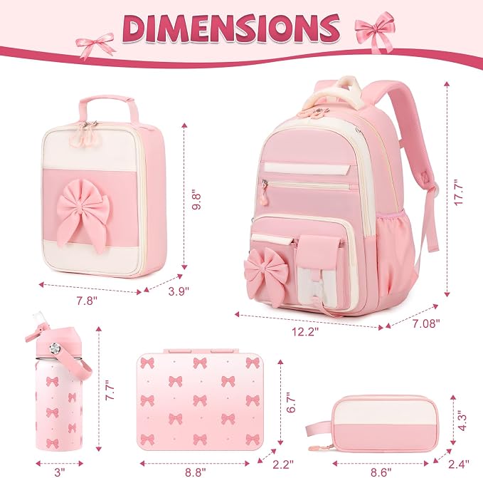 DIGOBAY 5PCS Girls Backpack - Includes 14oz Insulated Water Bottle & Bento Box for kids, Girls School Backpack Set with Lunch Bag & Pencil Case, Girls Teens for Elementary Preschool Middle School