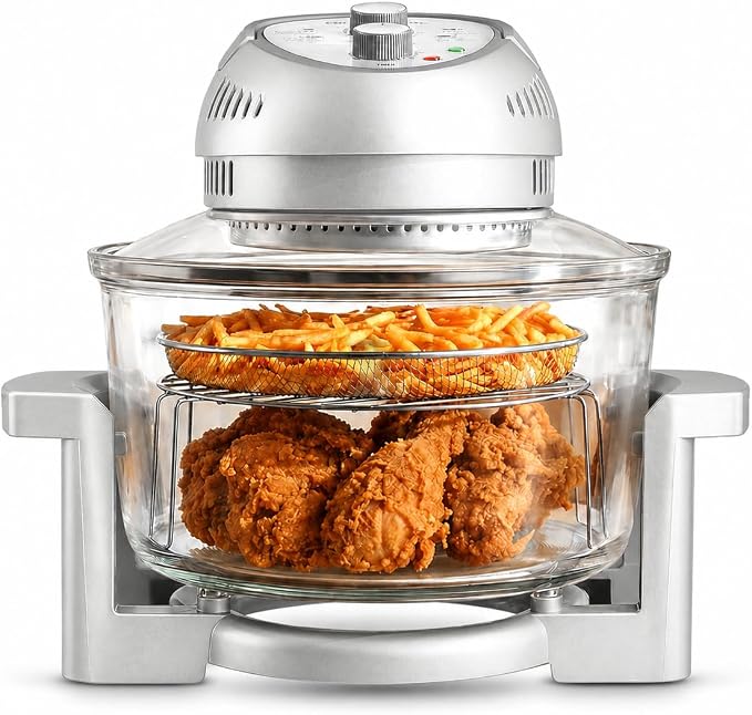 Granitestone 16Qt Large Glass Air Fryer Non Toxic – Family Sized Airfyrer Cooker with 3 Cooking Sections, Stainless Steel Racks, for French Fries, Chicken, No Preheat, Self Cleaning, Dishwasher Safe