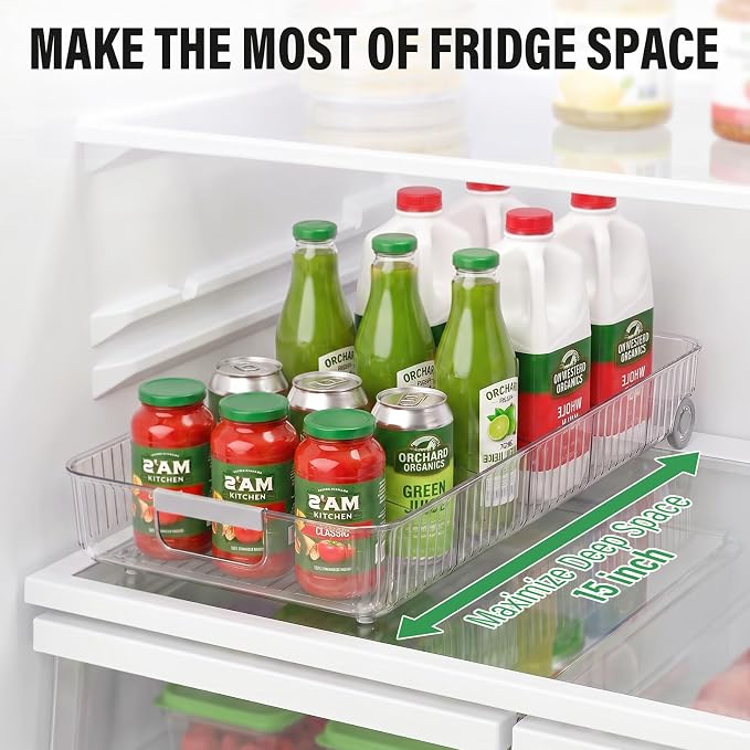Fridge Organizer Bins with Wheels, Pull Out Fridge Organizer, Adjustable Dividers and Easy Pull Handles, Clear Plastic, 2-Pack, Suitable for Kitchen, Pantry and Cabinet Deep Shelves