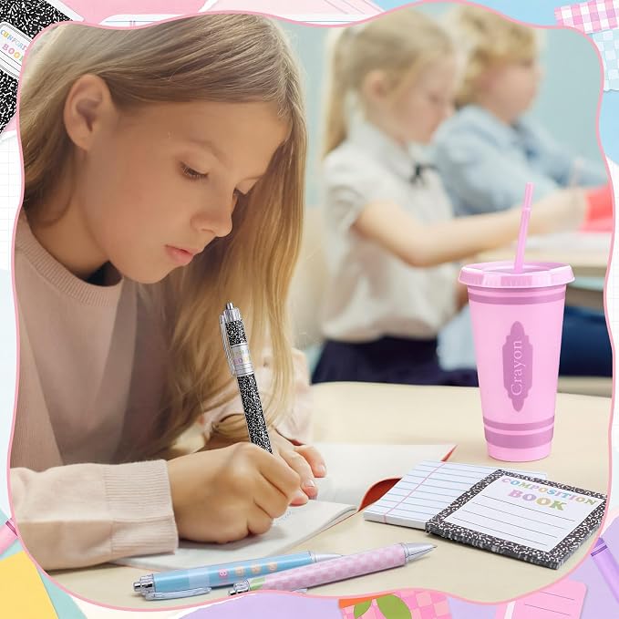 Honeydak 24 Set Back to School Teacher Gift Bulk Teachers Appreciation Gifts in Bulk 24oz Teacher Tumbler Cute Pastel Composition Notebook Sticky Note Ballpoint Pen for Mentor Lecturer Educator