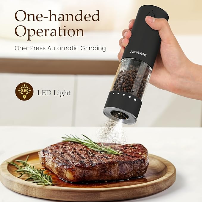 Newise Electric Salt & Pepper Grinder Set, Rechargeable with LED Light & External Coarseness Adjustment, Kitchen Gadgets for Mom Home Cooks & Families - Black