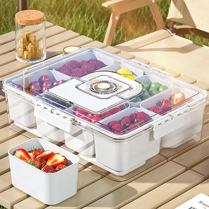 Snackle Box Container With Ice Pack，Chilled Serving Tray，Snackle Box With Ice Pack & Lid & 8 Compartments