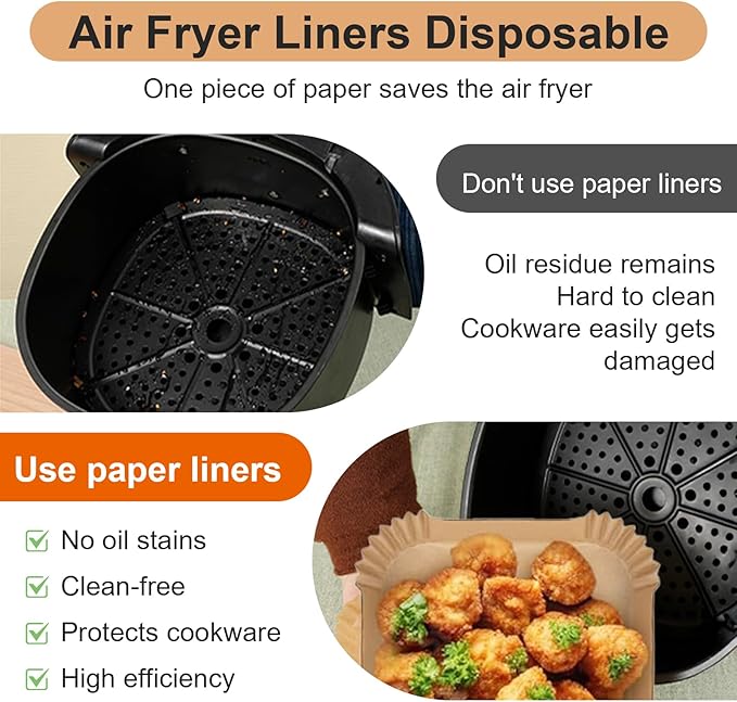 500 Pcs Air Fryer Paper Liners, 8” Square Disposable Parchment Paper Liner for 5-8 QT Air Fryer, Non-Stick, Oil Proof Unbleached Airfryer for Baking, Roasting Microwave