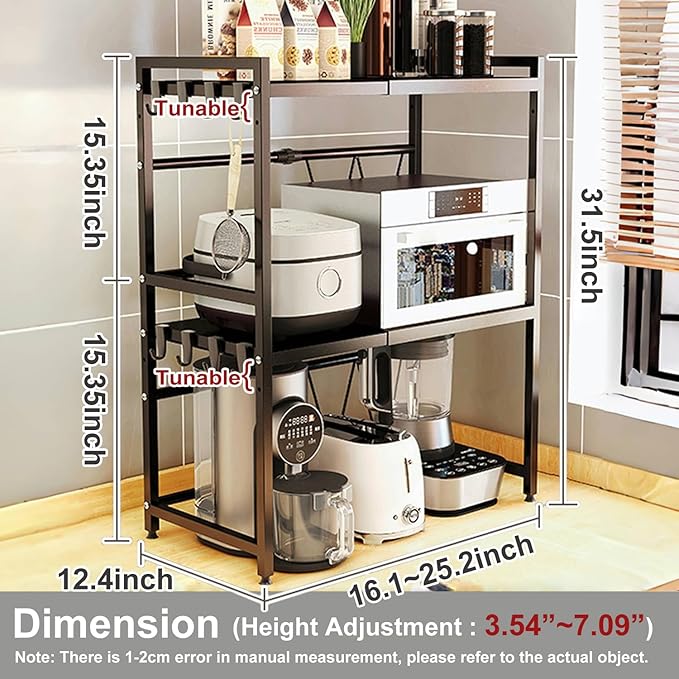 Expandable Microwave Stand Countertop, 3 Tier Heavy Duty Over Microwave Shelf Countertop with 8 Hooks,Height Adjustable Carbon Steel Microwave Oven Rack Shelf for Kitchen,Holds 132lb,Black
